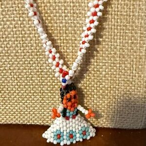 5 for 35 White and Red Beaded Necklace with Folk Art Pendant